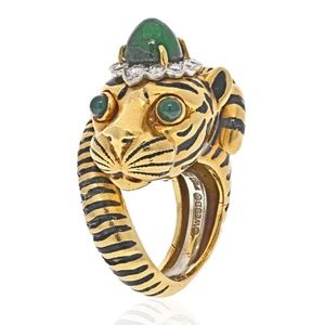 David Webb 18K Yellow Gold Green Emerald Tiger Ring